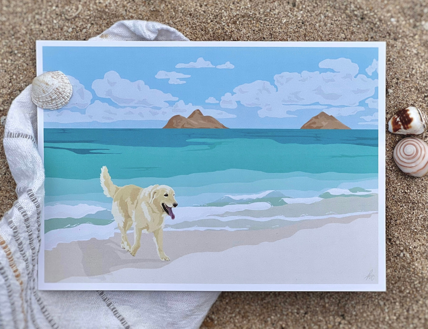 5"x7" horizontal color print of a Golden Retriever at Lanikai Beach