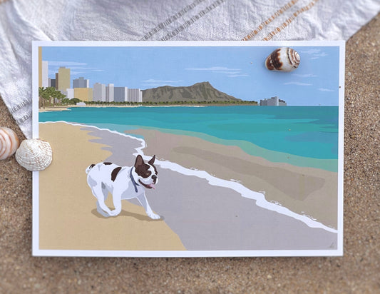5"x7" Print of French bull dog at Waikiki beach, Oahu 