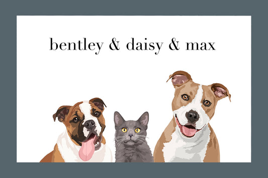 Hand-drawn, full color digital commission portrait of two dogs and a cat